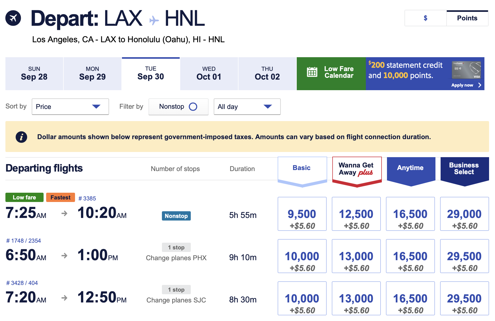 Southwest award flight from LAX to HNL