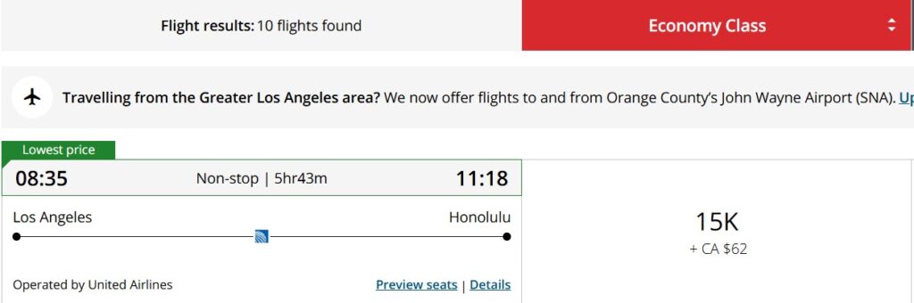 United award flight from Los Angeles to Honolulu from 15,000 Air Canada miles.