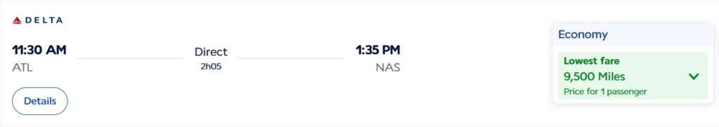 Atlanta to Nassau for 9,500 Flying Blue miles.