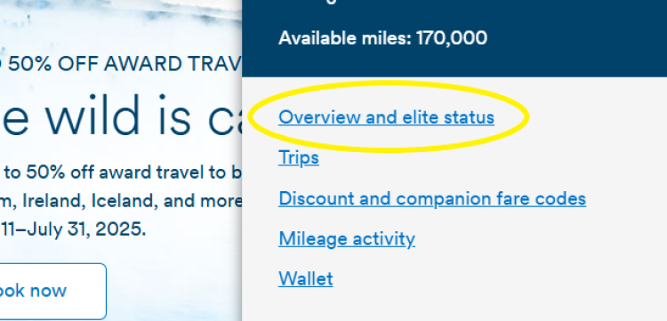 Screen shot shows where to locate your Alaska elite status tracker on the website.