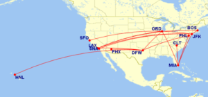 Map of all domestic routes where American Airlines is flying lie-flat seats in June 2025