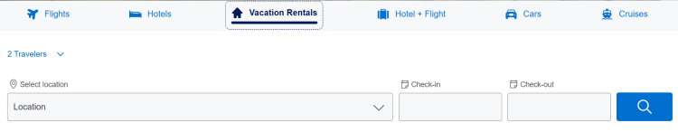 A screen shot from the American Express Travel portal shows search options