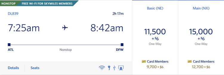 Screen shot of a flight bookable on Delta from Atlanta to Dallas