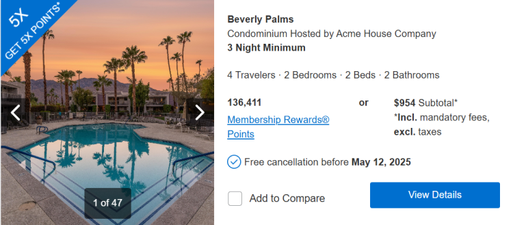 A screen shot from the Amex Travel Portal shows a vacatoin rental property available to book.