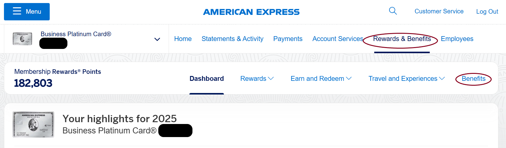 Screenshot from American Express showing how to find the benefits section.
