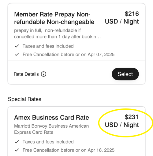 A screen shot shows a booking page a hotel and different pricing options