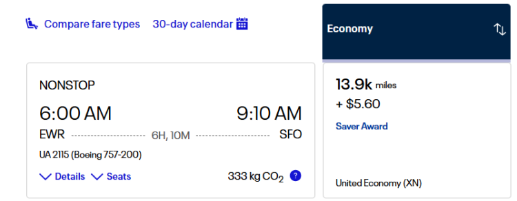 A screenshot shows an award flight from Newark to San Francisco on United