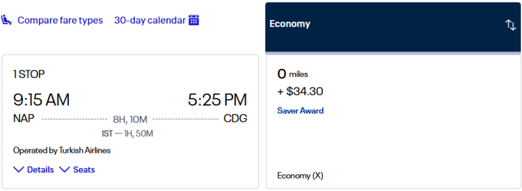 Screen shot shows a flight from Naples to Paris using the Excursionist Perk from United.