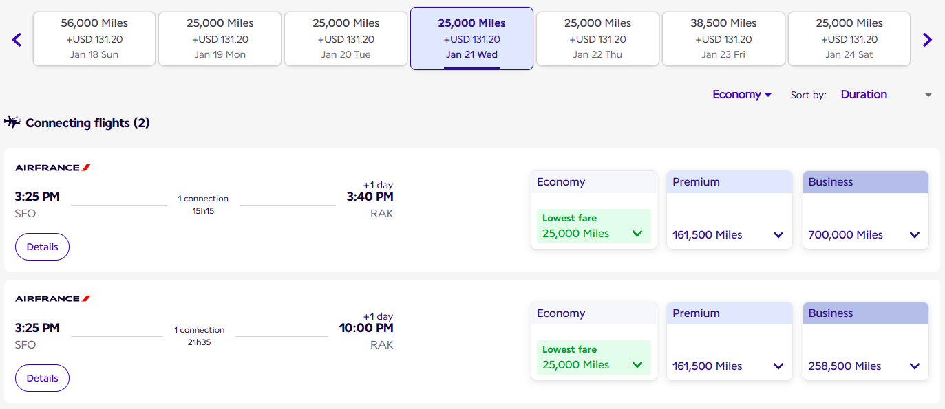 25,000 miles pricing from San Francisco to Marrakech in economy