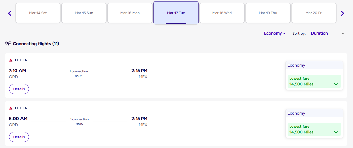 screenshot of Flying Blue award pricing from Chicago to Mexico City