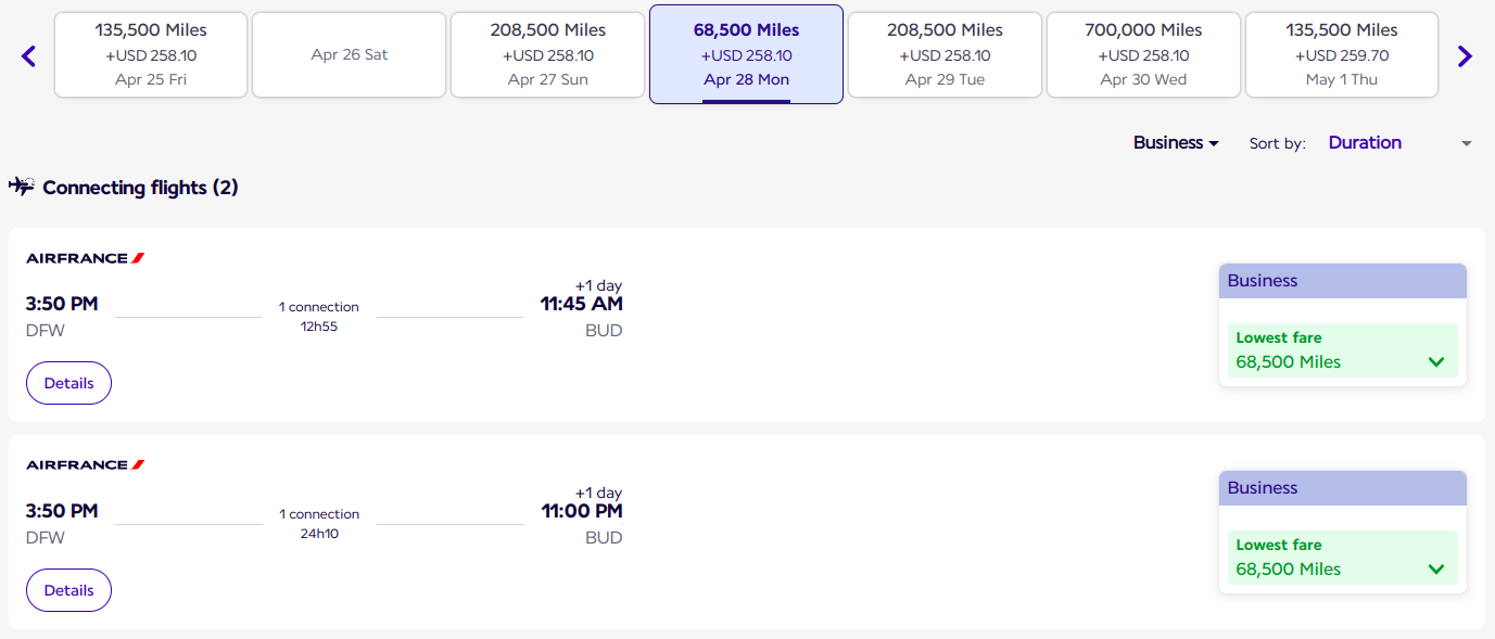 Flying Blue DFW to BUD 68,500 miles in business class