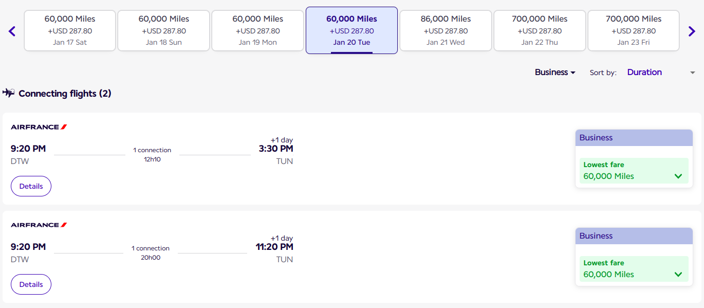 60,000 miles for business class from U.S. to North Africa DTW-TUN