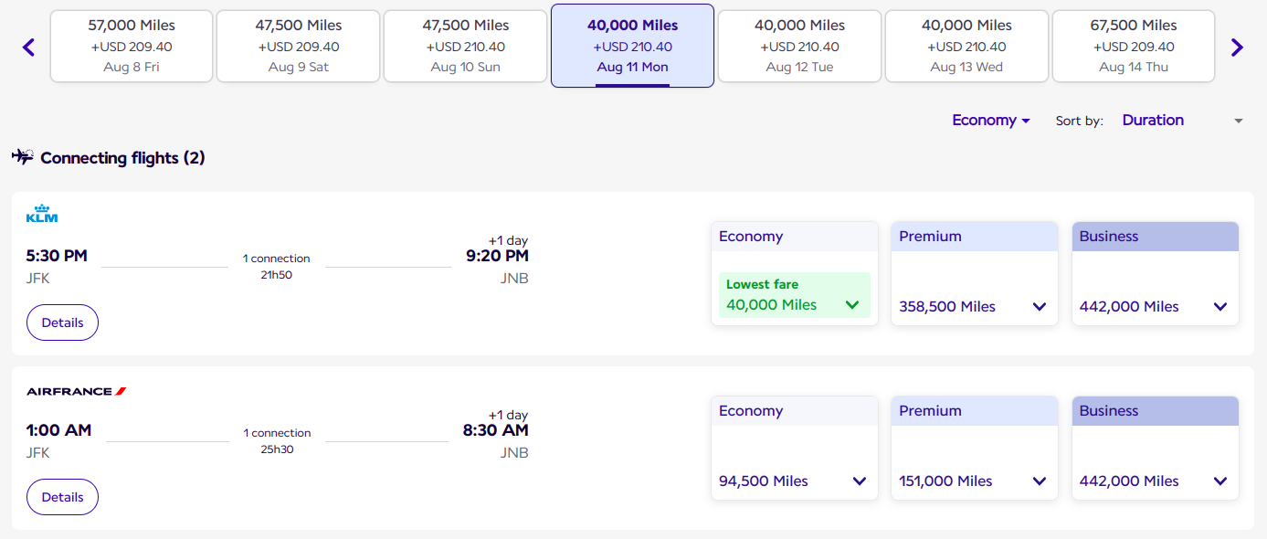 Flying Blue award from JFK to JNB