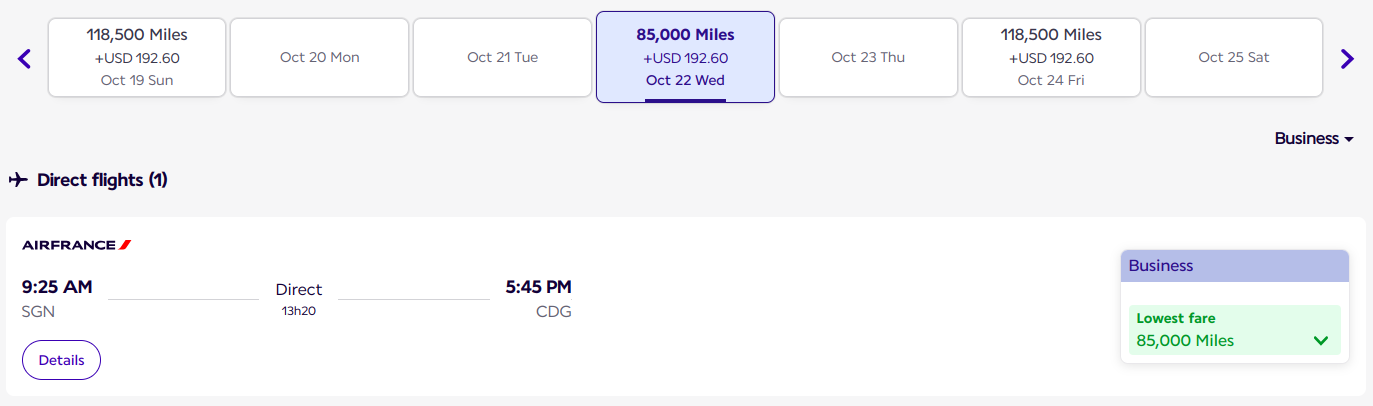 Southeast Asia to Paris screenshot of Flying Blue award pricing; this is one of the program's best business class sweet spots