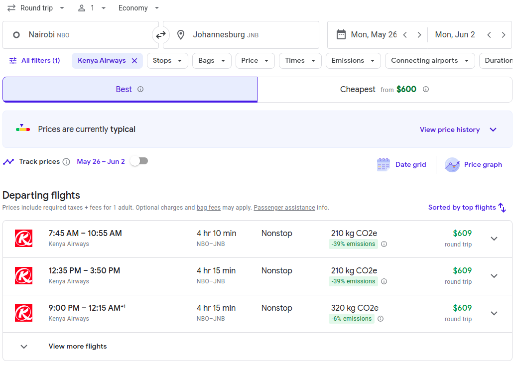 Google Flight ticket price for NBO to JNB round-trip