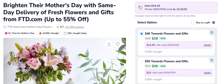 Screen Shot from Groupon advertising a deal at FTD