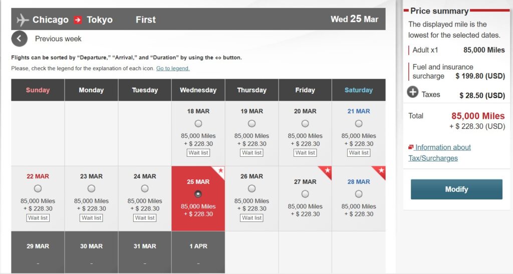 Chicago - Tokyo first class booked through Japan Airlines.