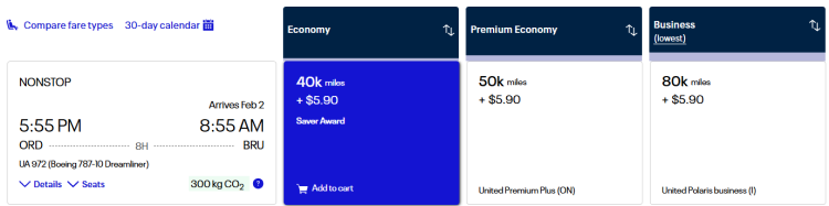 A screen shot shows an award redemption from Chicago to Brussels on United.
