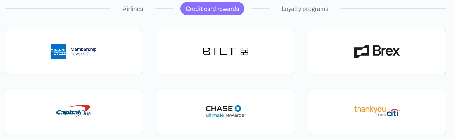 Point.me supports six of the major credit card loyalty programs.