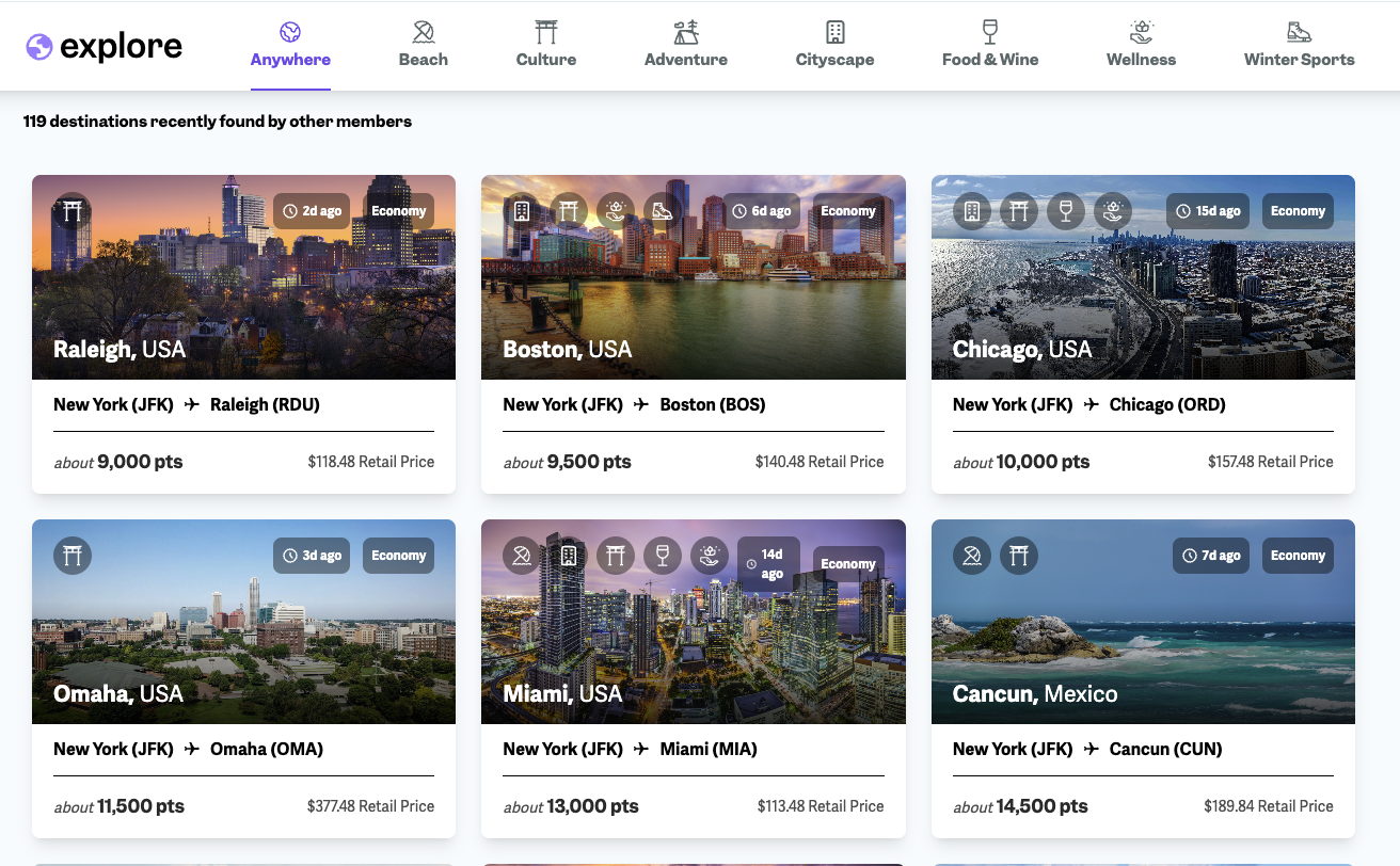 Point.me's Explore option allows you to select fun destinations based on your interests.