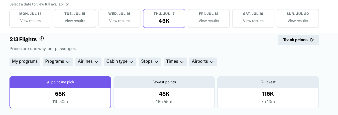 Point.me allows many options to filter your search results.