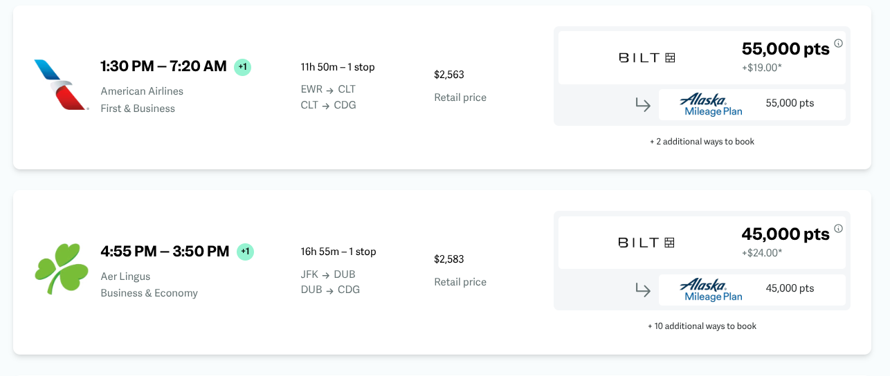 Point.me shows key information about each flight including flights and possible point/mile transfers.