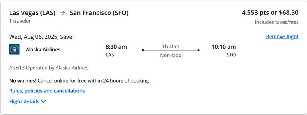 Booking LAS to SFO through the Chase portal with Sapphire Reserve.