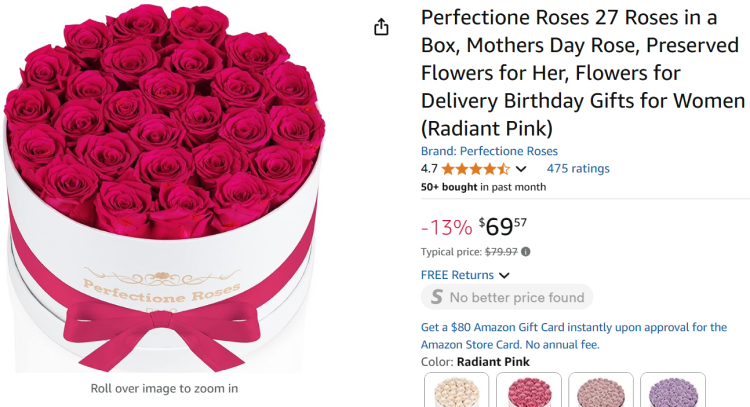 Screen Shot from Amazon showing preserved flowers