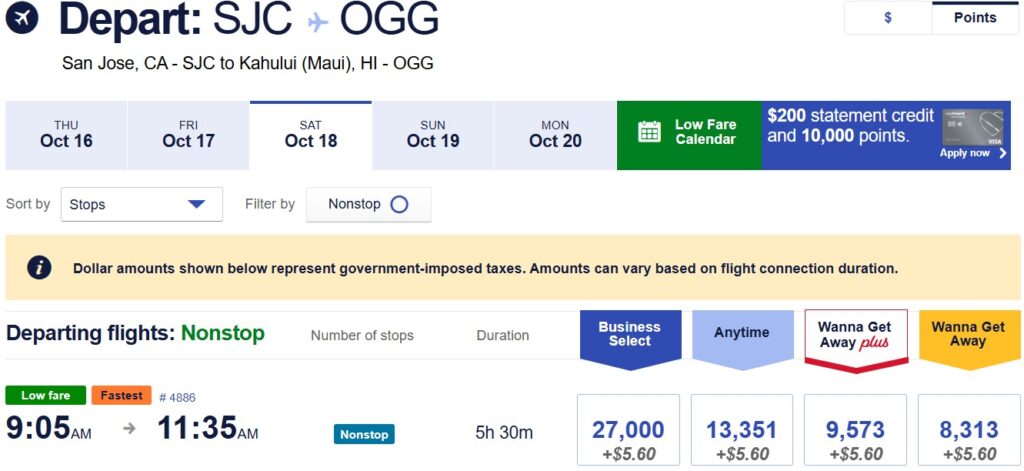 Southwest award example from San Jose to Maui Hawaii for 8,313 Southwest Rapid Rewards points