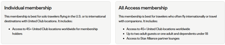 A screen shot shows the United Club membership options available.