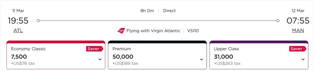 Atlanta- Manchester in business class, booking through Virgin Atlantic.