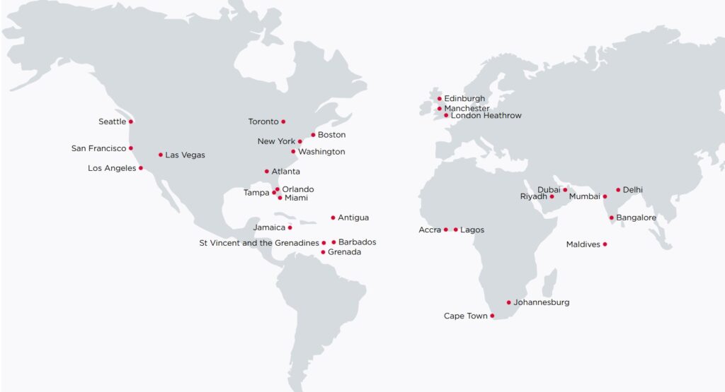 Virgin Atlantic route map as of Apr 2025.