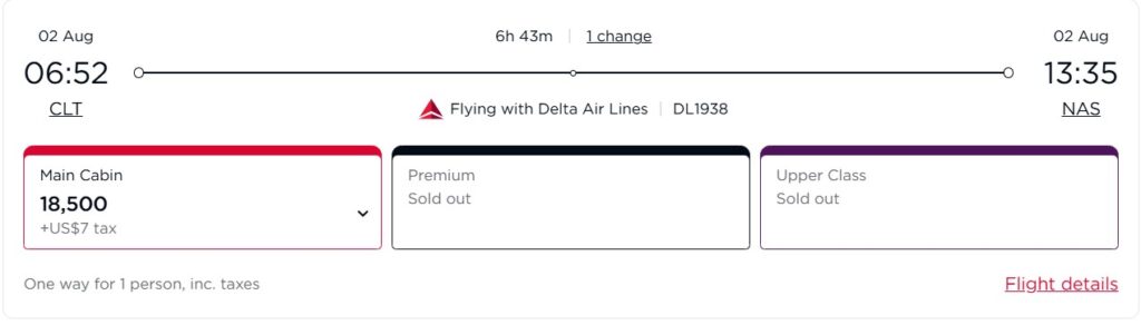 Virgin Atlantic award example from Charlotte to Nassau.