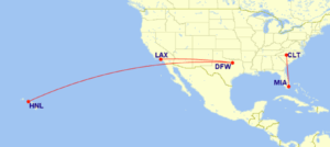Map of domestic routes where American Airlines is flying lie-flat seats on its Boeing 777-200 aircraft in July 2025