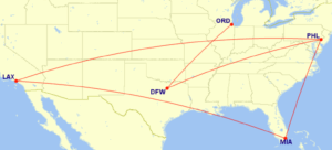 Map of domestic routes where American Airlines is flying lie-flat seats on its Boeing 787-8 aircraft in July 2025
