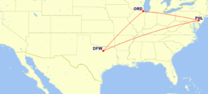 Map of domestic routes where American Airlines is flying lie-flat seats on its Boeing 787-9 aircraft in July 2025