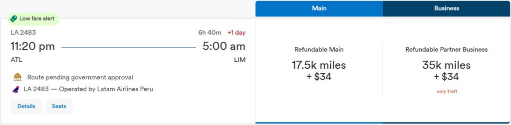 A flight from Atlanta to Lima, Peru for 17,500 Alaska miles in economy or 35,000 miles in business class.