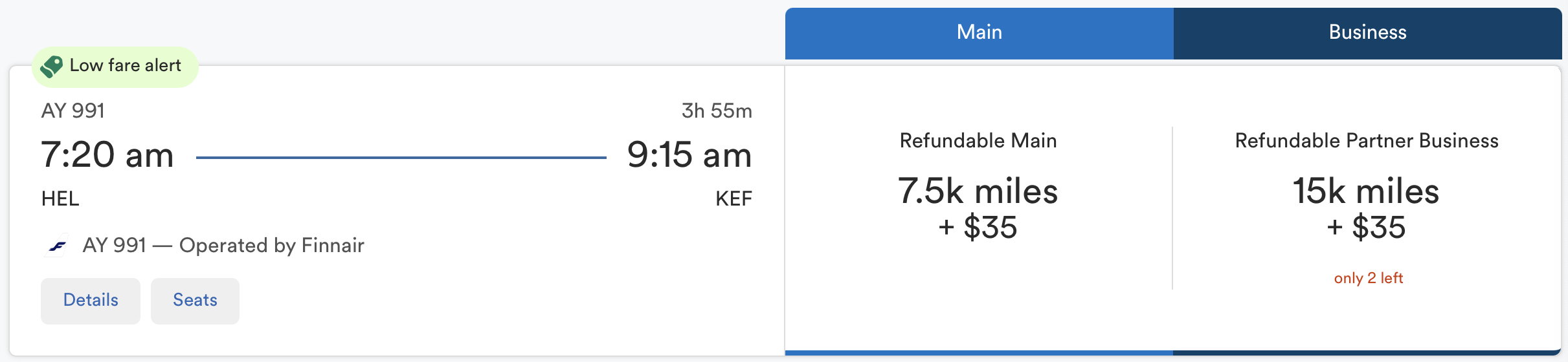 Alaska Airlines award operated by Finnair (HEL to KEF)