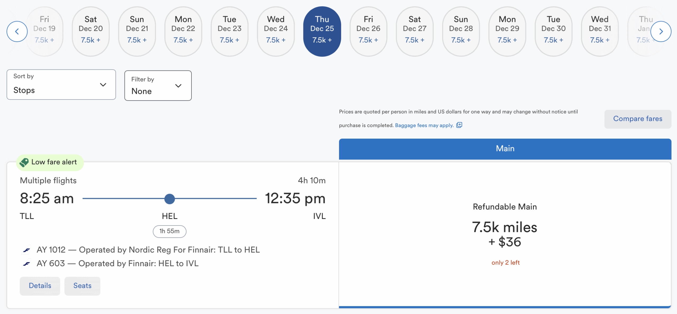 Alaska Airlines award operated by Finnair (TLL to IVL)