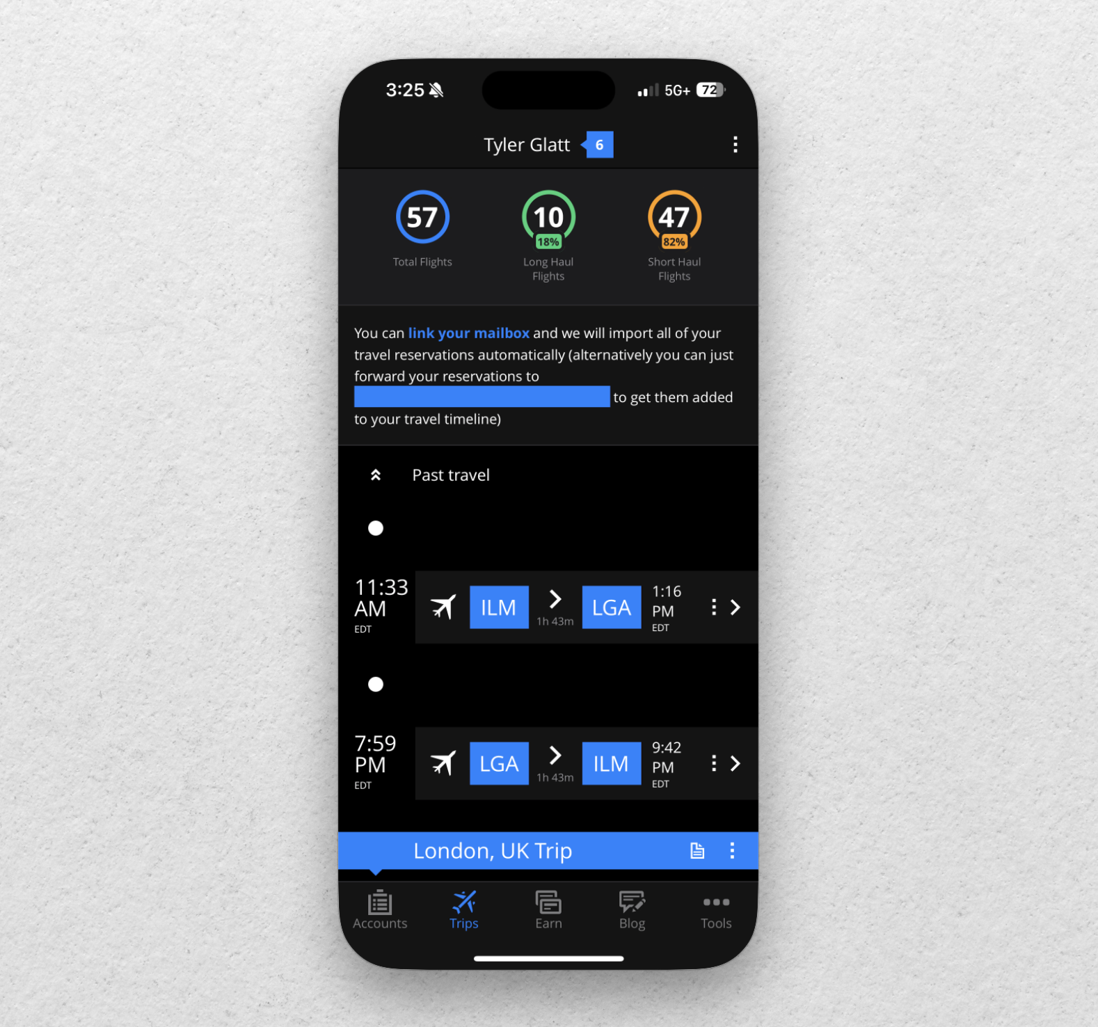 AwardWallet mobile app trips overview.