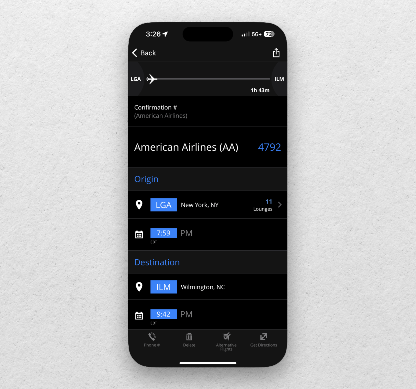 AwardWallet mobile app trip overview for a specific trip, showing airports visited, itinerary, and lounges available.
