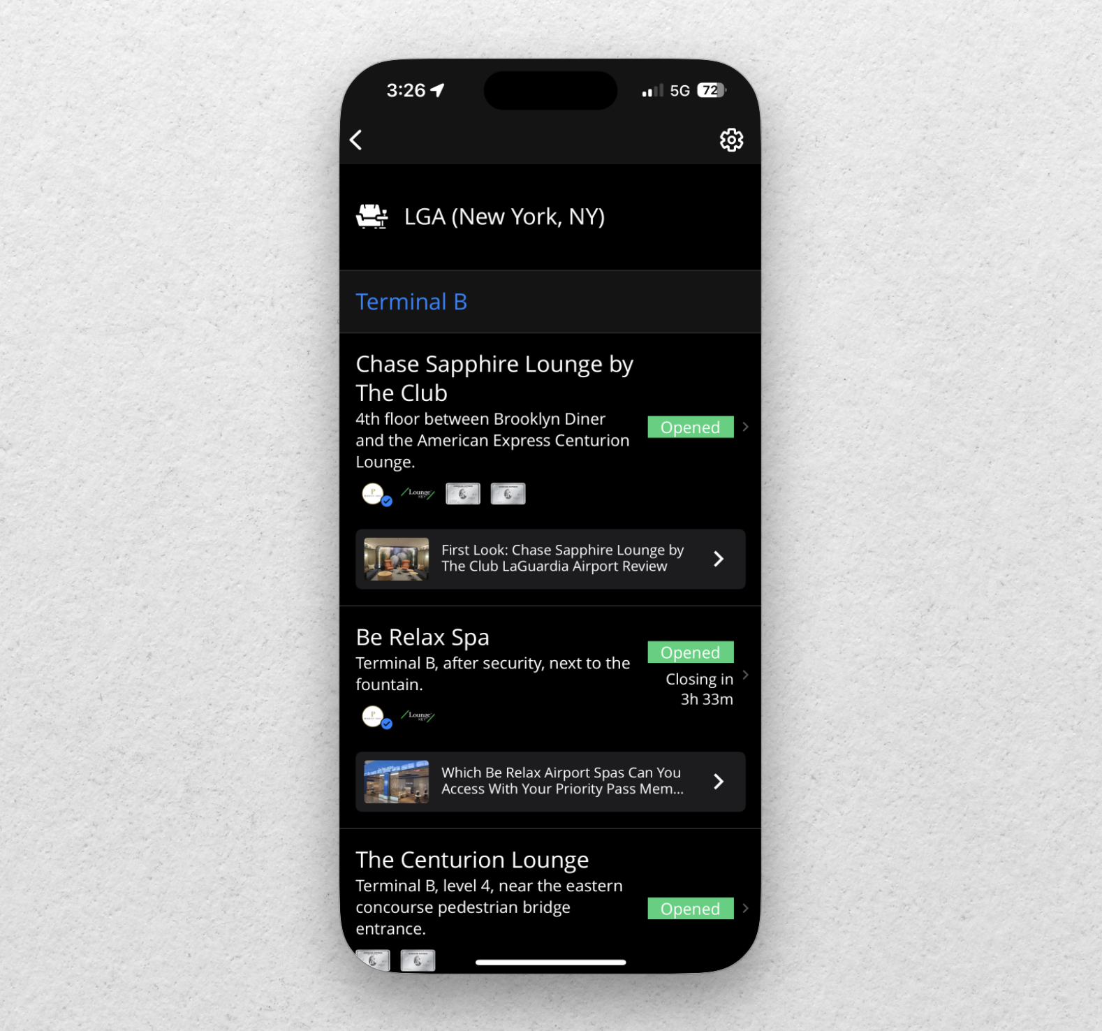 AwardWallet mobile app showing lounges available at a given airport.