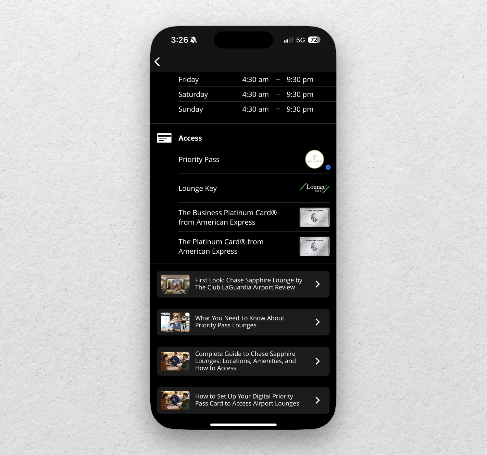 AwardWallet mobile app showing lounges available at a given airport, the hours, and related blog content.