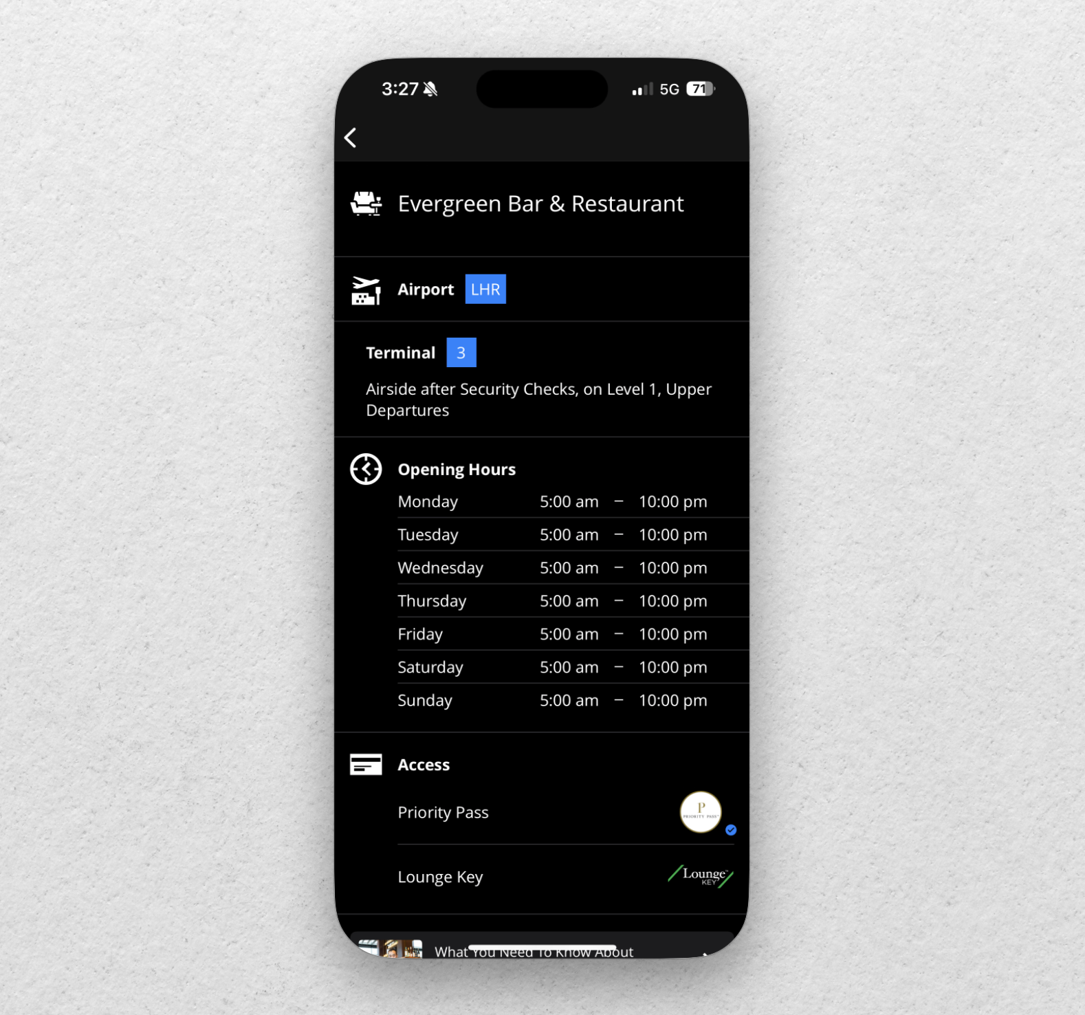 AwardWallet mobile app showing Priority Pass restaurants available at a given airport and its hours.