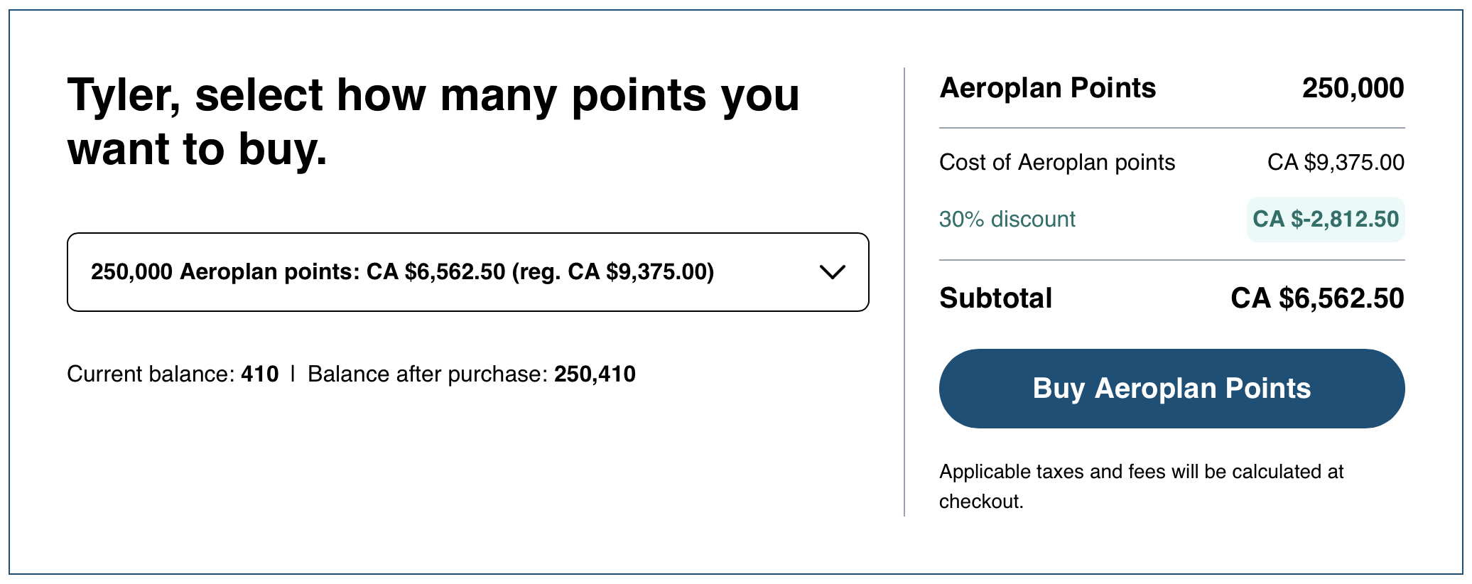 Aeroplan points sale receipt reflecting a 30% discount.