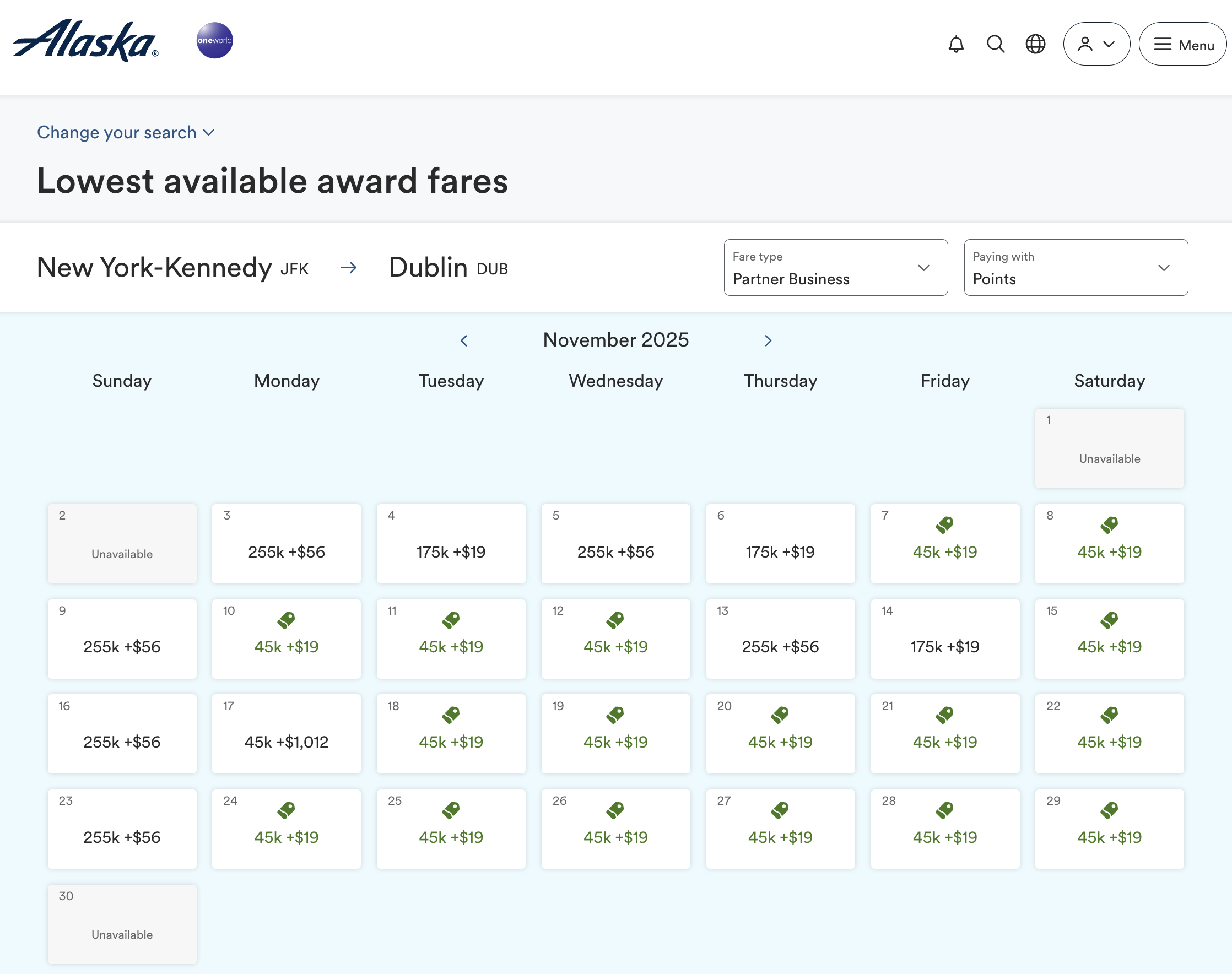 Alaska Airlines award calendar for JFK to DUB