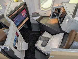 American Airlines Flagship Suite on Boeing 787-9P window seat with amenities