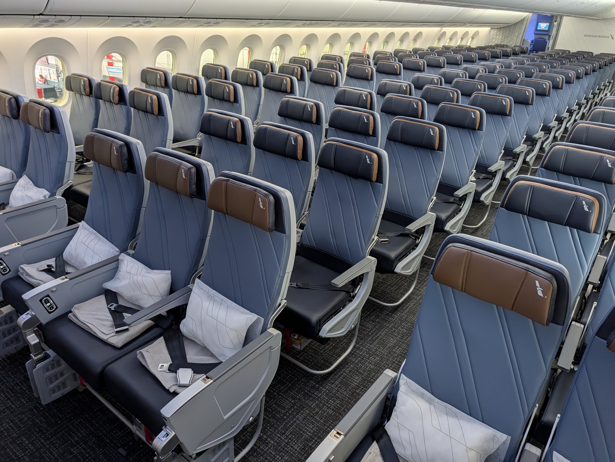 American Airlines Boeing 787-9P economy cabin with amenities in front row