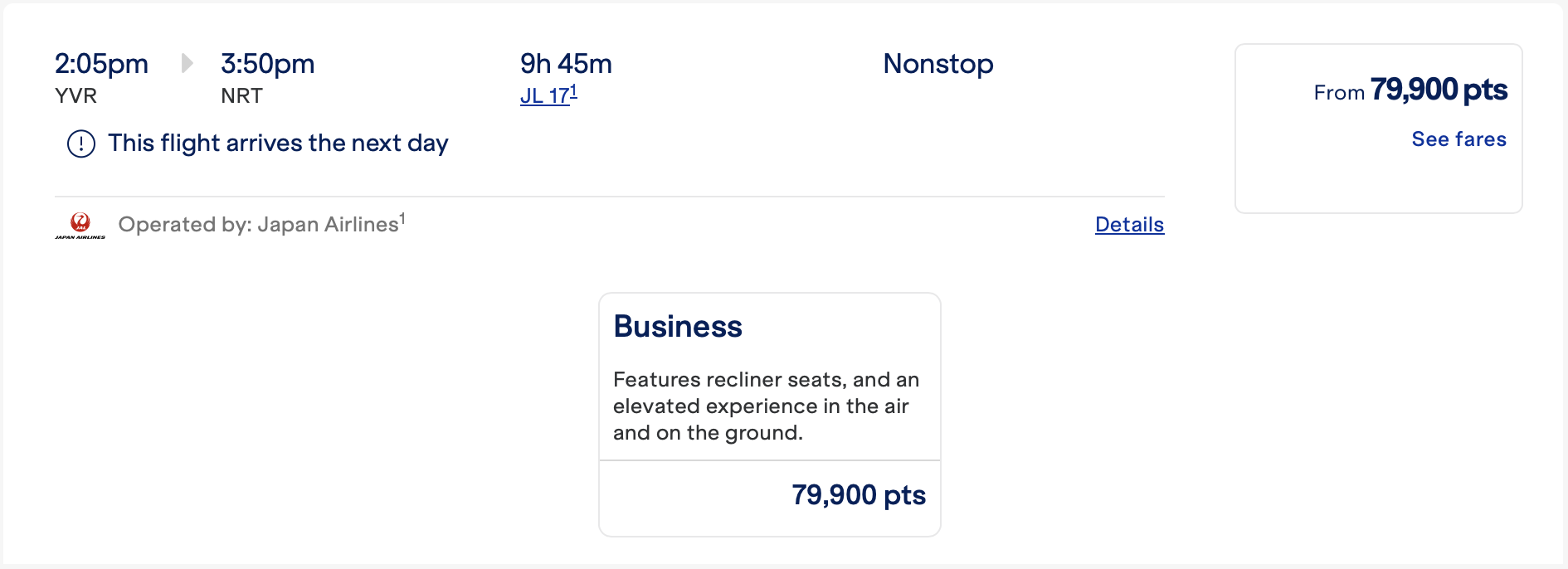 JetBlue redemption on Japan Airlines.