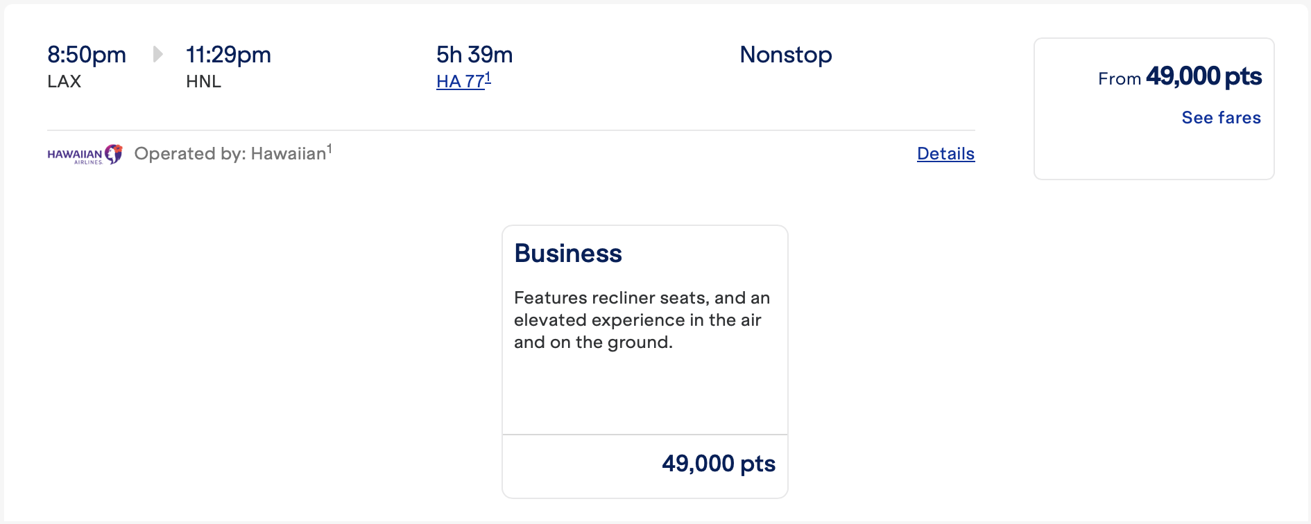 Hawaiian Airlines first class award bookable through JetBlue from LAX to HNL.